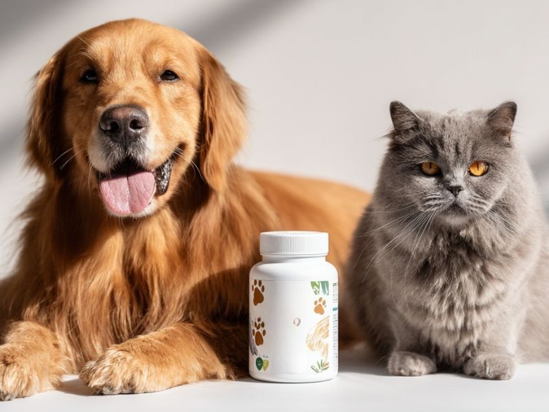 Mačka i pas sede pored bočice suplemenata