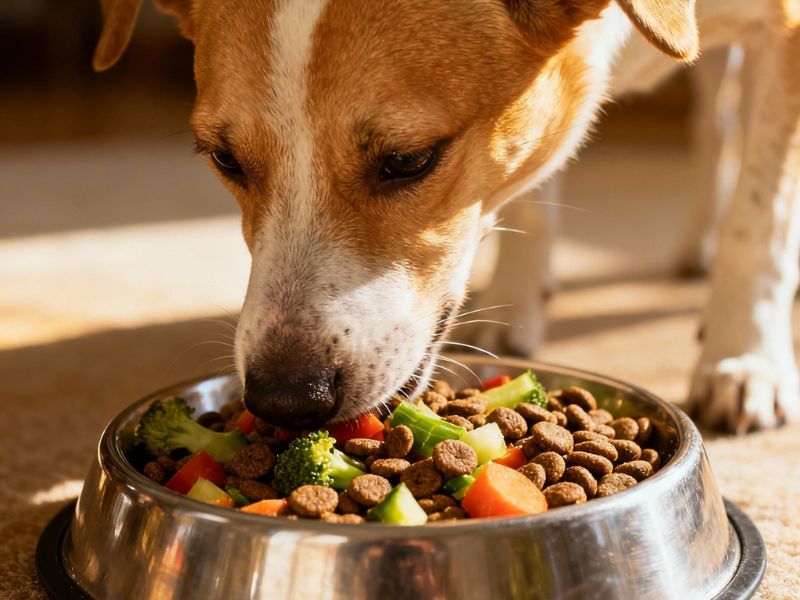 pas jede iz metalne činije hranu za pse pomešanu sa povrćem