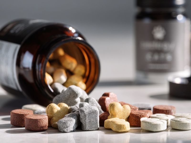 bočica sa suplementima za pse i prosuti suplementi pored