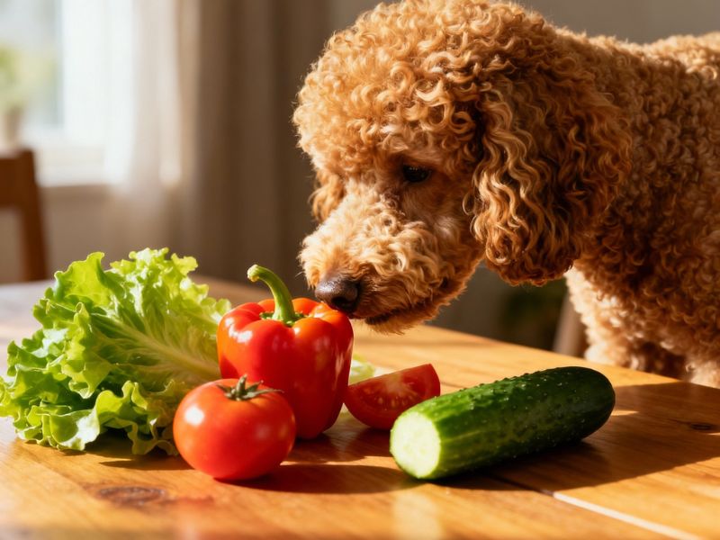 pas pudla njuši paradajz, krasatvac i zelenu salatu