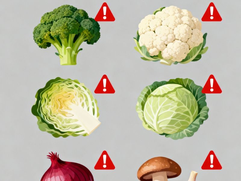 na slici prikaz štetnog povrća za pse, karfiol, brokoli, kelj, luk, gljive i kupus