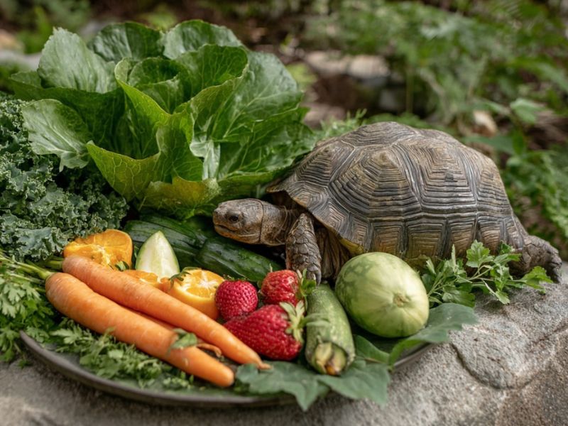 kornjača stoji pored svežeg povrća