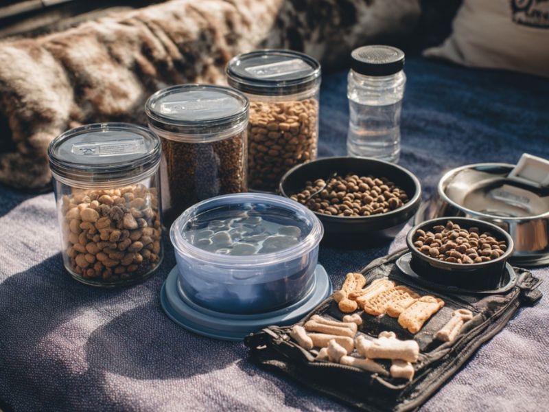 prikaz upakovane hrane i vode za ljubimce pre putovanja