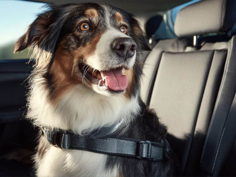 pas vezan sigurnosnim pojasem, sedi srećo u autu