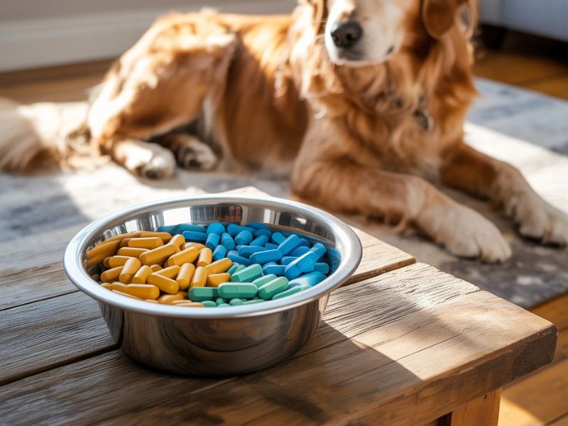 Pas leži pored činije pune suplemenata